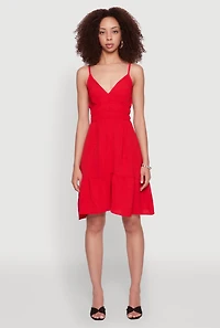 Womens Sleeveless Empire Waist Dress with V Neck and Adjustable Straps, Red, Size S