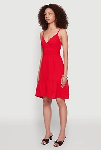 Womens Sleeveless Empire Waist Dress with V Neck and Adjustable Straps, Red, Size S
