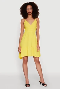 Womens Sleeveless Empire Waist Dress with V Neck and Adjustable Straps, Yellow, Size M
