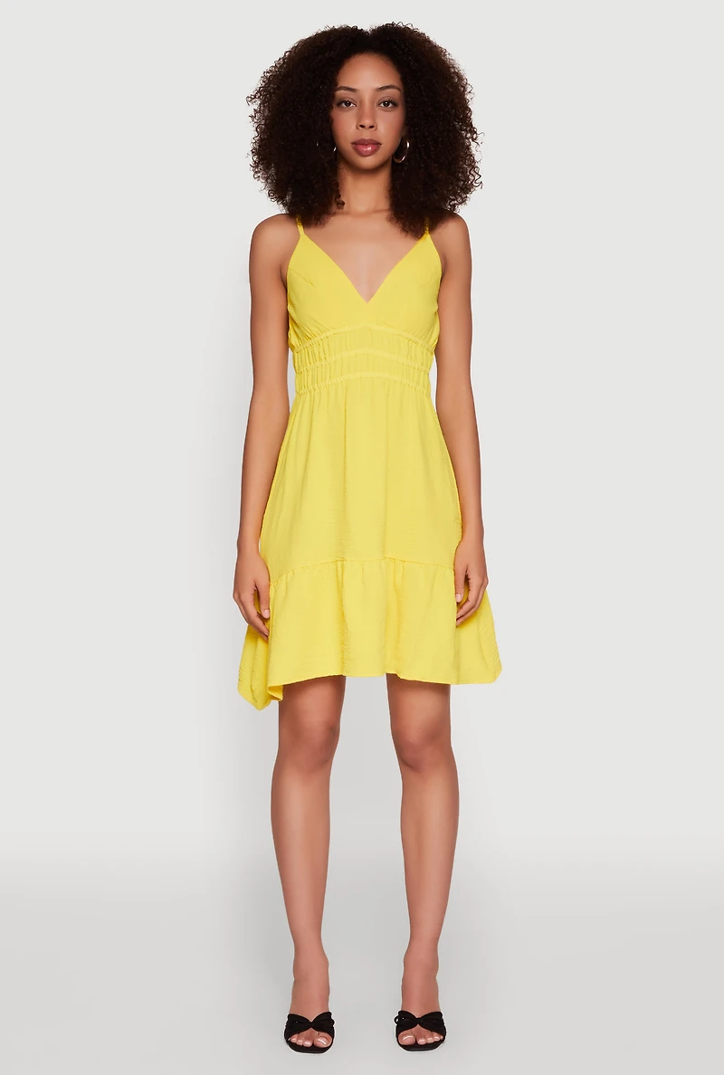 Womens Sleeveless Empire Waist Dress with V Neck and Adjustable Straps, Yellow, Size M