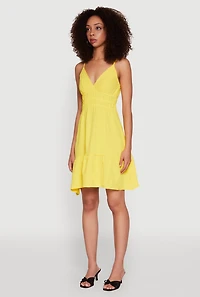 Womens Sleeveless Empire Waist Dress with V Neck and Adjustable Straps, Yellow, Size M