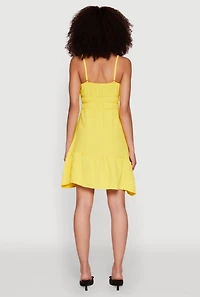 Womens Sleeveless Empire Waist Dress with V Neck and Adjustable Straps, Yellow, Size M
