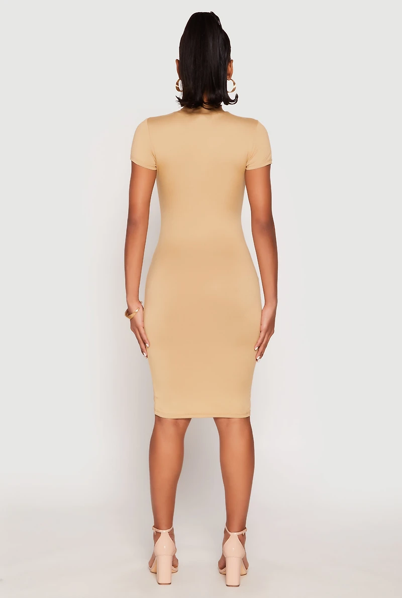 Womens Soft Knit Mock Neck Dress, Beige, Size S