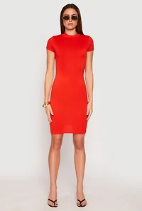 Womens Soft Knit Mock Neck Dress, Orange,