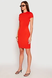 Womens Soft Knit Mock Neck Dress, Orange,