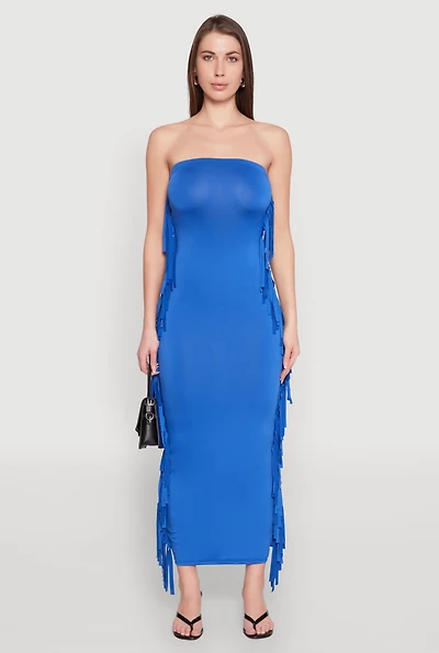 Womens Side Fringe Maxi Tube Dress, Blue, Size M