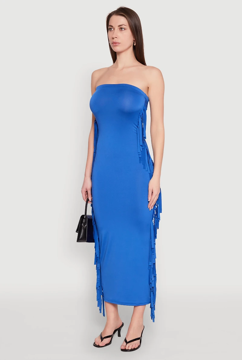 Womens Side Fringe Maxi Tube Dress, Blue, Size M