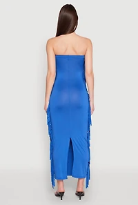 Womens Side Fringe Maxi Tube Dress, Blue, Size M