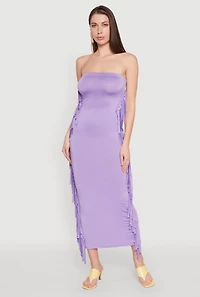 Womens Side Fringe Maxi Tube Dress, Purple, Size S