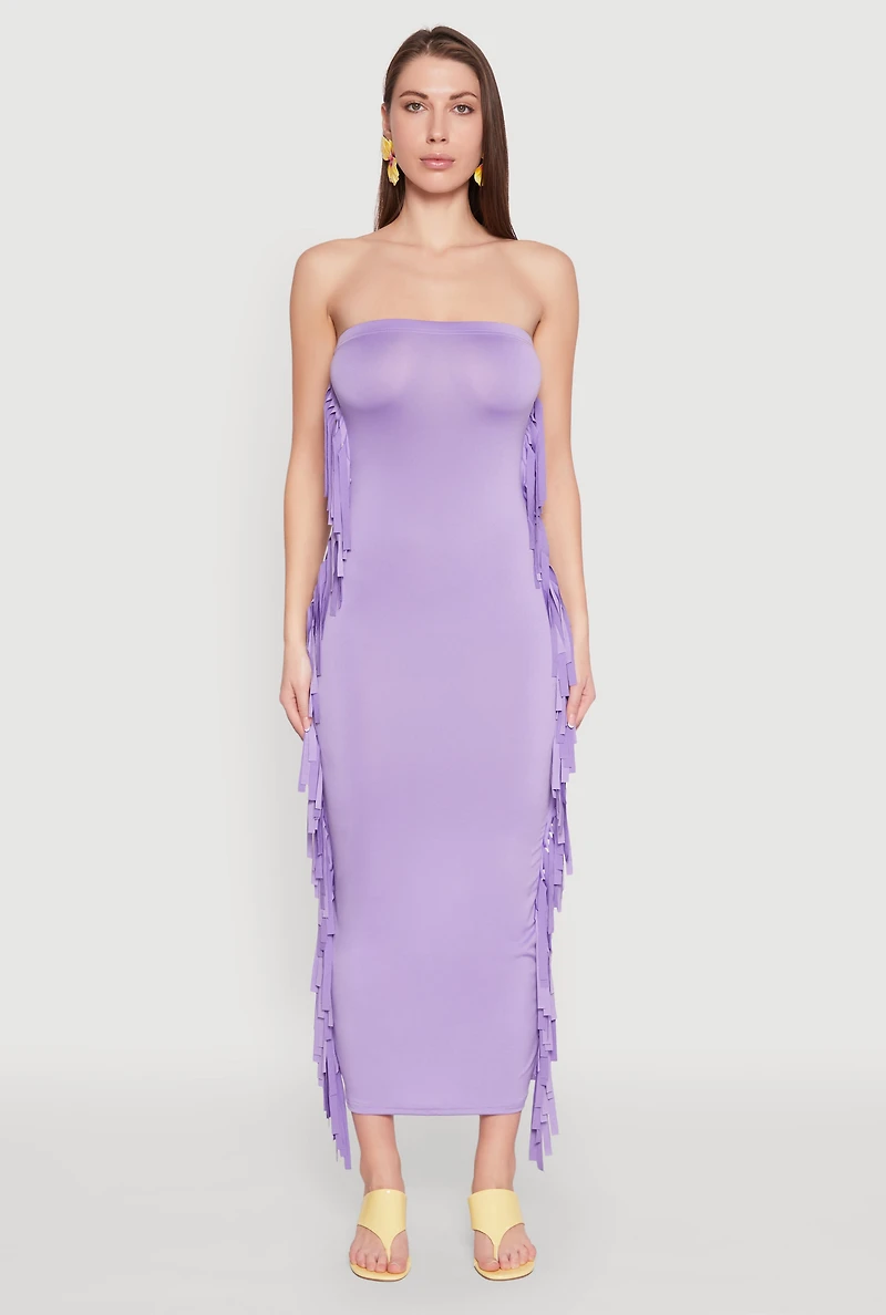 Womens Side Fringe Maxi Tube Dress, Purple, Size S