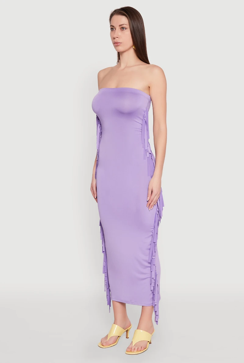 Womens Side Fringe Maxi Tube Dress, Purple, Size S