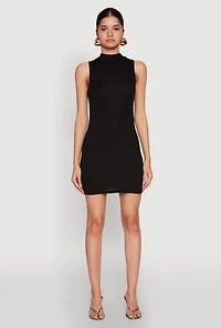 Womens Rib Knit Mock Neck Dress, Black, Size M