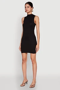 Womens Rib Knit Mock Neck Dress, Black, Size M