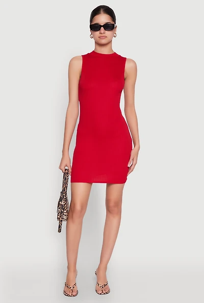 Womens Rib Knit Mock Neck Dress, Red, Size M