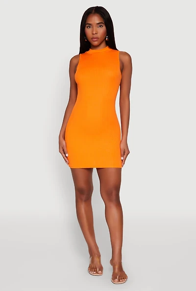 Womens Rib Knit Mock Neck Dress, Orange, Size M