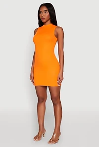 Womens Rib Knit Mock Neck Dress, Orange, Size M