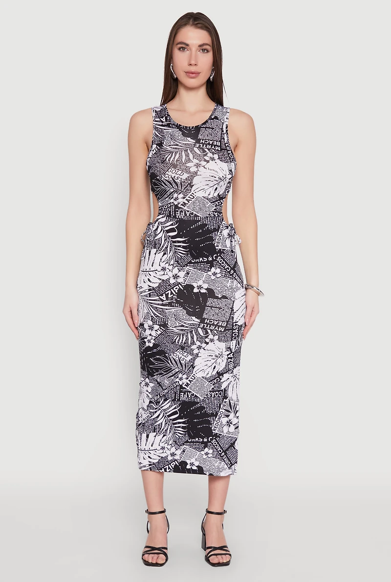 Womens Leaf Newspaper Print Midi Dress, Multi,