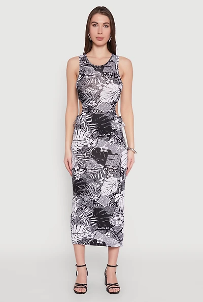 Womens Leaf Newspaper Print Midi Dress, Multi, Size M