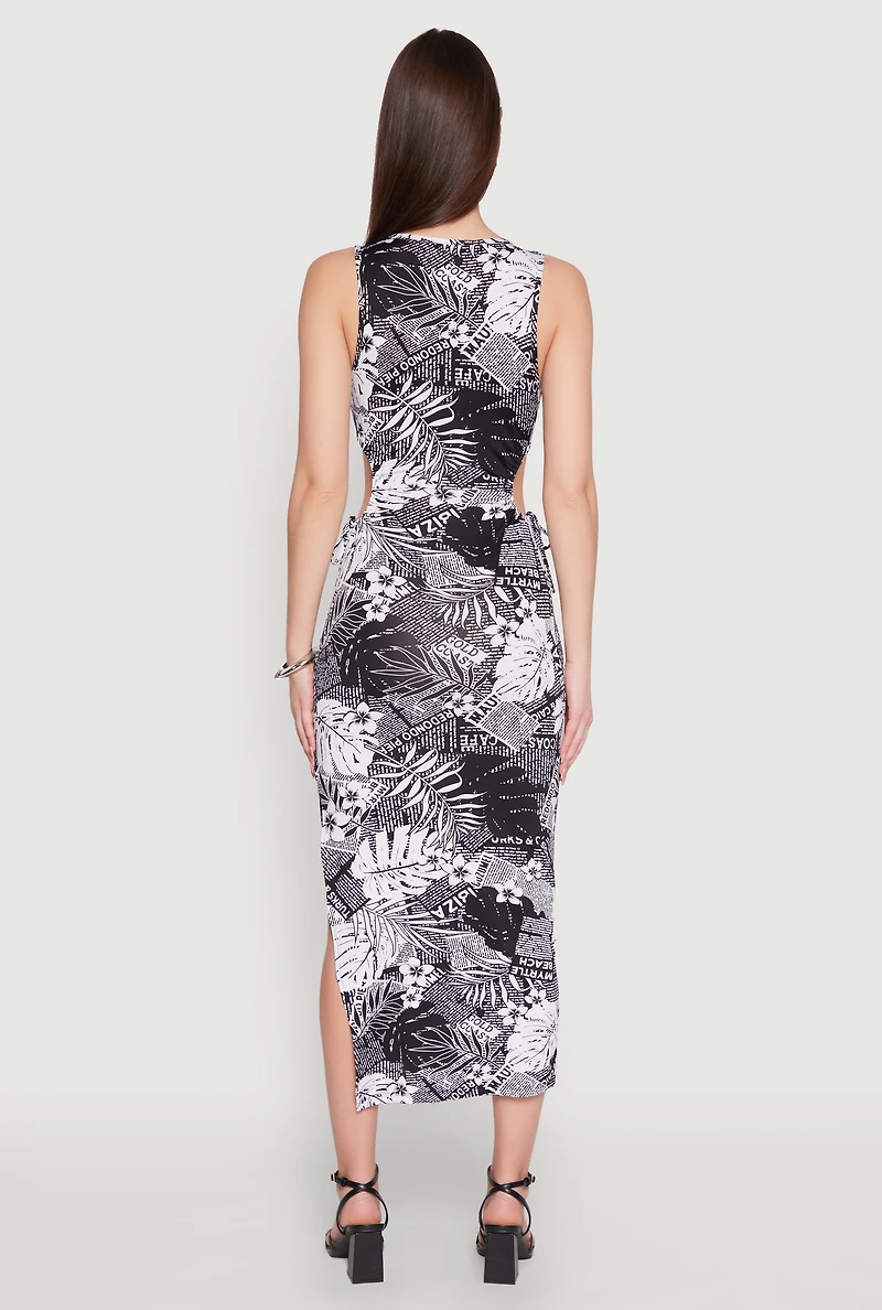 Womens Leaf Newspaper Print Midi Dress, Multi, Size S