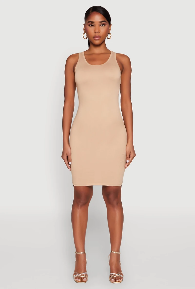 Womens Scoop Neck Tank Dress, Beige, Size L