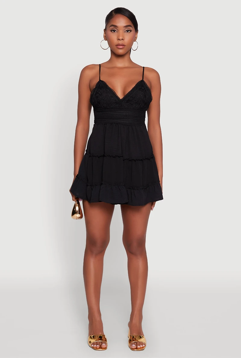 Womens Chic Crochet Detail V Neck Tiered Dress, Black, Size XL