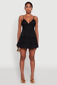 Womens Chic Crochet Detail V Neck Tiered Dress, Black, Size XL