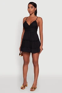 Womens Chic Crochet Detail V Neck Tiered Dress, Black, Size XL