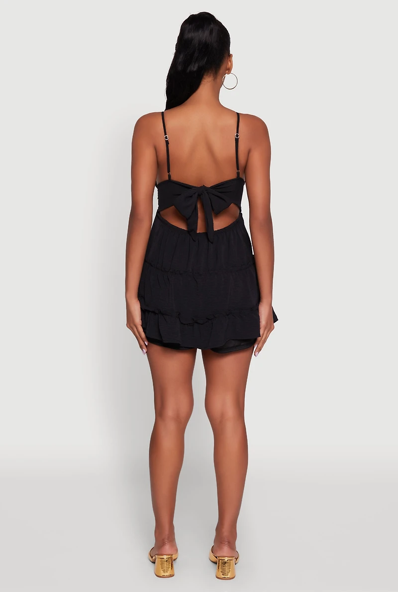 Womens Chic Crochet Detail V Neck Tiered Dress, Black, Size S
