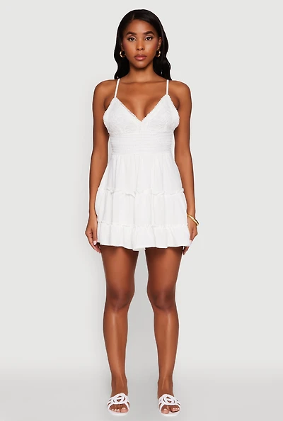 Womens Chic Crochet Detail V Neck Tiered Dress, White, Size XL