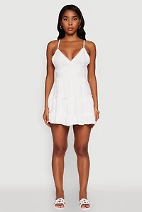 Womens Chic Crochet Detail V Neck Tiered Dress, White, Size XL