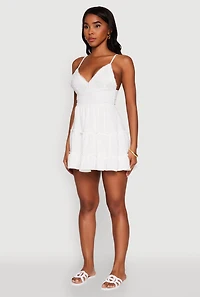 Womens Chic Crochet Detail V Neck Tiered Dress, White, Size XL