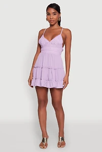 Womens Chic Crochet Detail V Neck Tiered Dress,