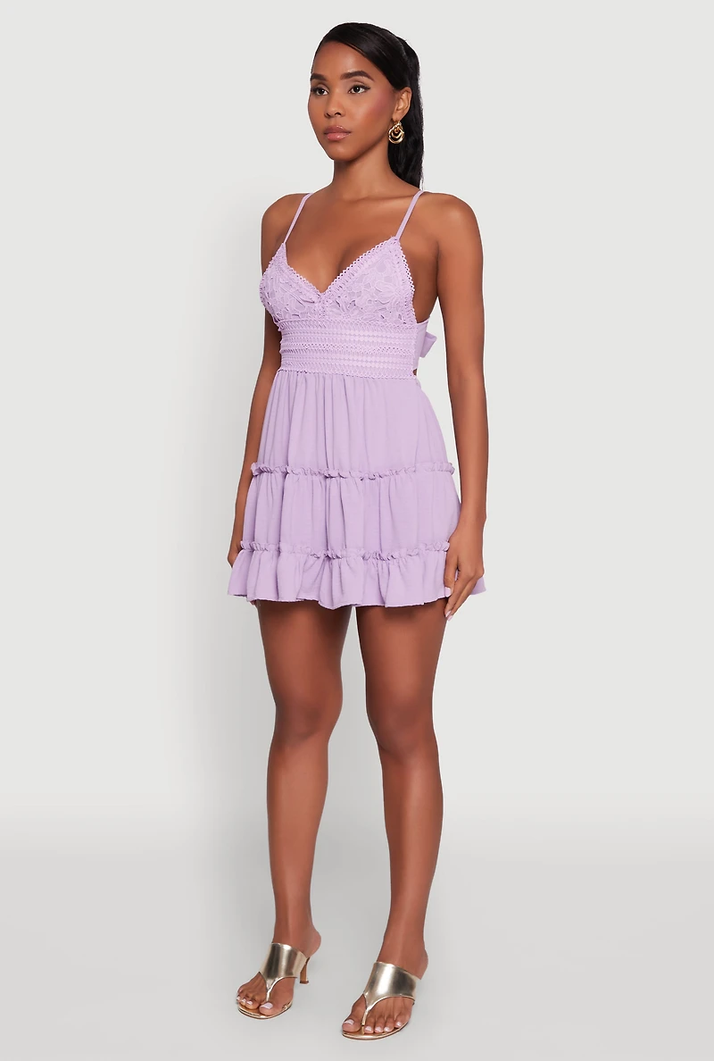 Womens Chic Crochet Detail V Neck Tiered Dress,