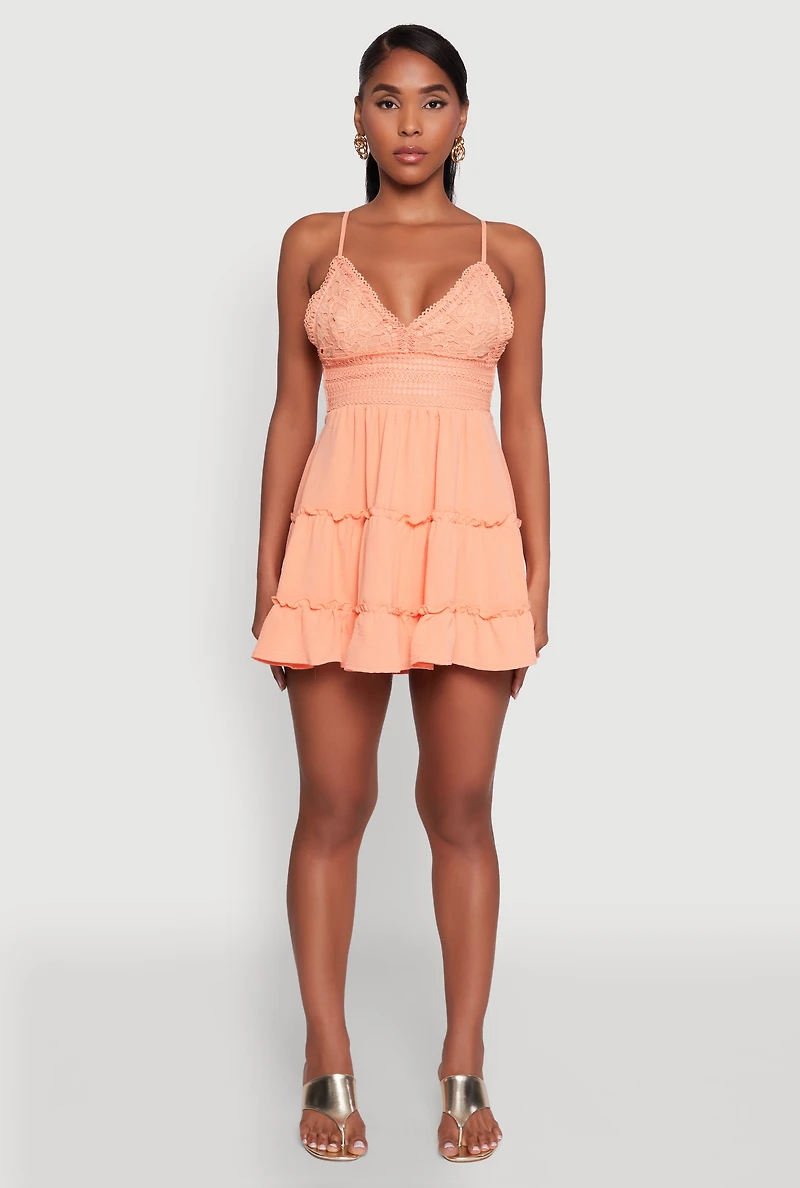 Womens Chic Crochet Detail V Neck Tiered Dress, L