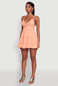 Womens Chic Crochet Detail V Neck Tiered Dress, Orange,