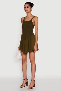 Womens Chic Scoop Neck Sleeveless Skater Dress, Green, Size M