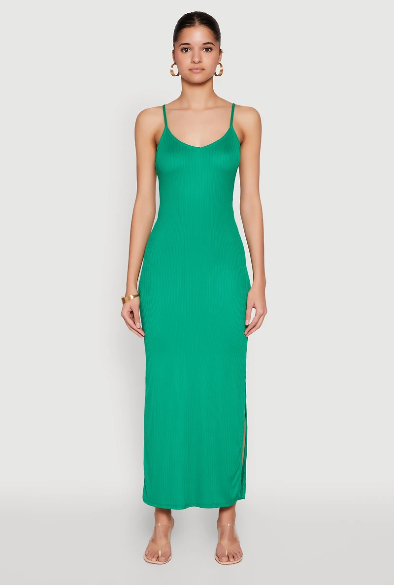 Womens Side Slit V Neck Maxi Dress, Green, Size M