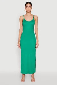 Womens Side Slit V Neck Maxi Dress, Green, Size M