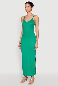 Womens Side Slit V Neck Maxi Dress, Green, Size M