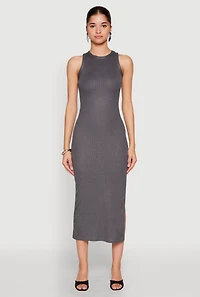 Womens Ribbed Knit Side Slit Maxi Tank Dress, Grey, Size S