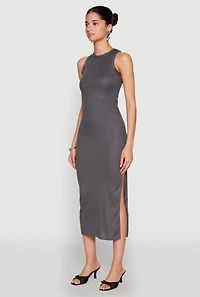 Womens Ribbed Knit Side Slit Maxi Tank Dress, Grey, Size S