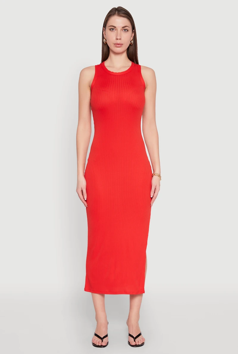 Ribbed Knit Side Slit Maxi Tank Dress
