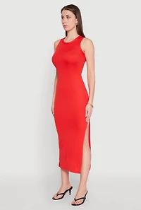 Ribbed Knit Side Slit Maxi Tank Dress