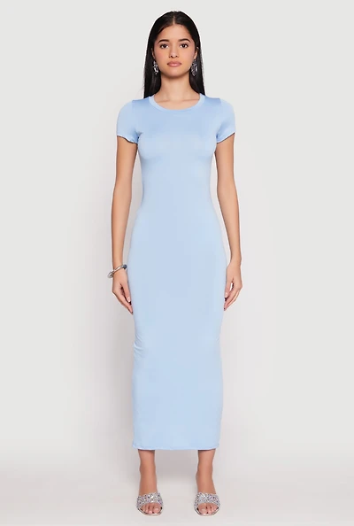 Womens Short Sleeve Slit Back Maxi Dress, Blue, Size S