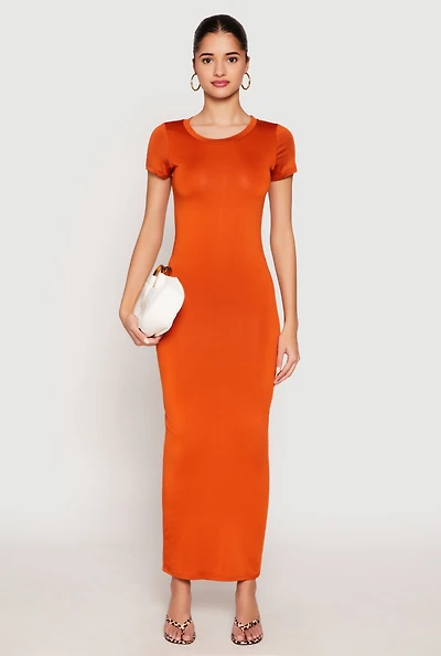 Womens Short Sleeve Slit Back Maxi Dress, Orange, Size M