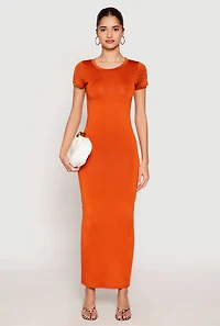Womens Short Sleeve Slit Back Maxi Dress, Orange, Size M