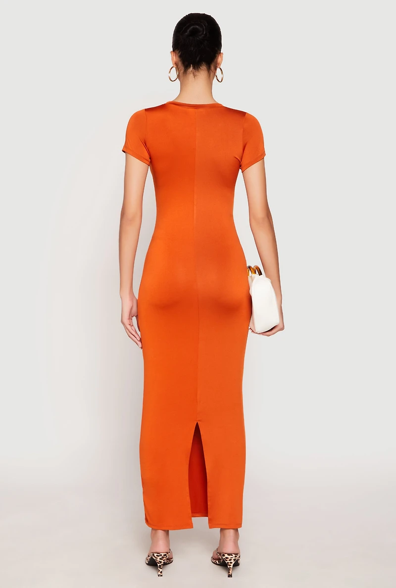 Womens Short Sleeve Slit Back Maxi Dress, Orange, Size M