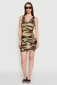 Womens Camo Notch Neck Mini Tank Dress, Green, Size S