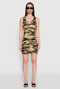 Womens Camo Notch Neck Mini Tank Dress, Green, Size S