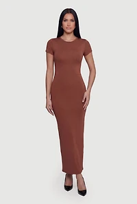 Short Sleeve Crew Neck Slit Back Maxi Dress